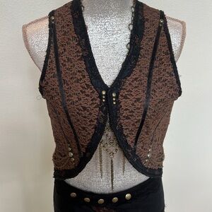 Custom embellishment Brown and Black Lace SQ open Vest Men Small, Woman Med